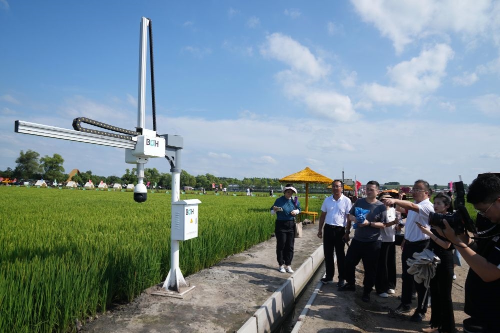 在北大荒集團(tuán)閆家崗農(nóng)場(chǎng)有限公司農(nóng)業(yè)現(xiàn)代化示范區(qū)，工作人員在介紹利用數(shù)字技術(shù)的葉齡診斷儀（2023年8月10日攝）。新華社記者 王建威 攝