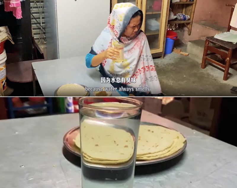 圖為紀實短片截圖：上圖為水質(zhì)未改善前，飲用水發(fā)黃渾濁；下圖為水廠建成后，飲用水水質(zhì)明顯改善，清澈透明。