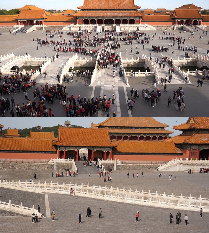 上午9時(shí)和下午13時(shí)的太和門(mén)廣場(chǎng)客流對(duì)比。故宮博物院供圖
