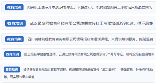 “人民投訴”用戶舉報機(jī)構(gòu)虛假宣傳包過包拿證、虛假承諾收益效果、課程服務(wù)貨不對板、退款難等在線教培亂象。（“人民投訴”平臺截圖）
