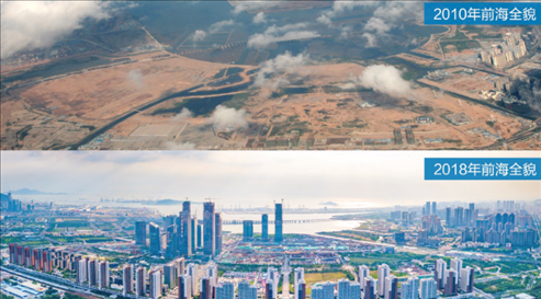 △在前海石公園的前海開(kāi)發(fā)開(kāi)放成果展示墻上，一張八年間的前海全貌對(duì)比圖。