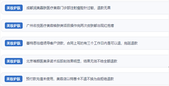 網(wǎng)友涉及醫(yī)美機(jī)構(gòu)虛假宣傳、誘導(dǎo)消費(fèi)、致傷客戶、違約不退費(fèi)等消費(fèi)侵權(quán)的相關(guān)投訴。（“人民投訴”用戶投訴截圖）