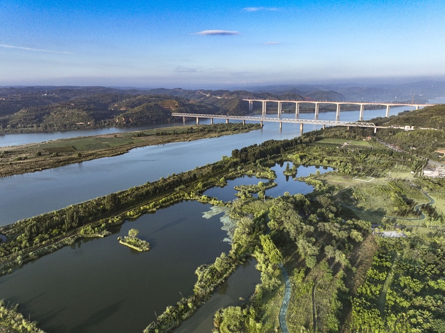 這是2023年8月28日在河南黃河濕地國家級自然保護區(qū)濟源段拍攝的景色（無人機照片）。新華社發(fā) 苗秋鬧 攝