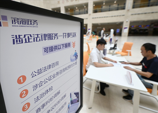在天津濱海新區(qū)政務服務中心，工作人員在“涉企法律服務一件事”專區(qū)為市民提供服務（2024年7月31日攝）。新華社記者 趙子碩 攝
