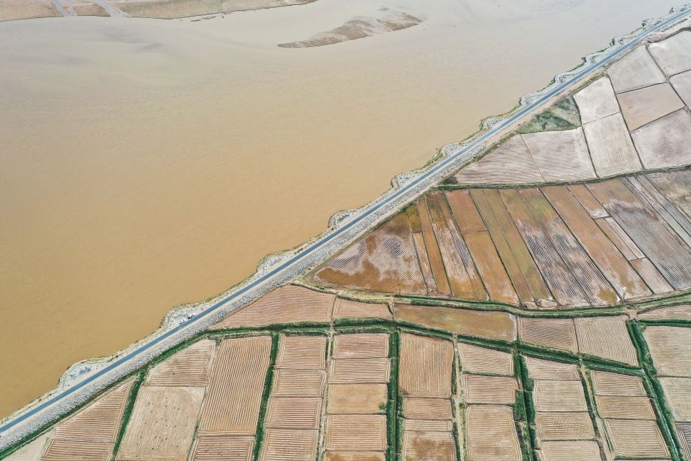 2024年5月26日在內(nèi)蒙古巴彥淖爾市臨河區(qū)拍攝的黃河（無人機(jī)照片）。巴彥淖爾市位于黃河“幾字彎”北端，擁有富饒的河套灌區(qū)，引黃灌溉面積達(dá)1000多萬畝。近年來，在引黃灌溉工程支撐下，河套灌區(qū)年均糧食總產(chǎn)量達(dá)60億斤以上。