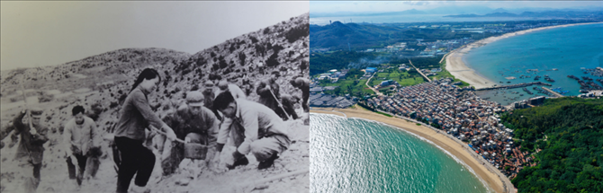 拼版照片：左圖為東山縣群眾在荒山上種植樹苗（資料照片）；右圖為2020年6月18日拍攝的東山縣陳城鎮(zhèn)澳角村附近風光（無人機照片，新華社記者 姜克紅 攝）。