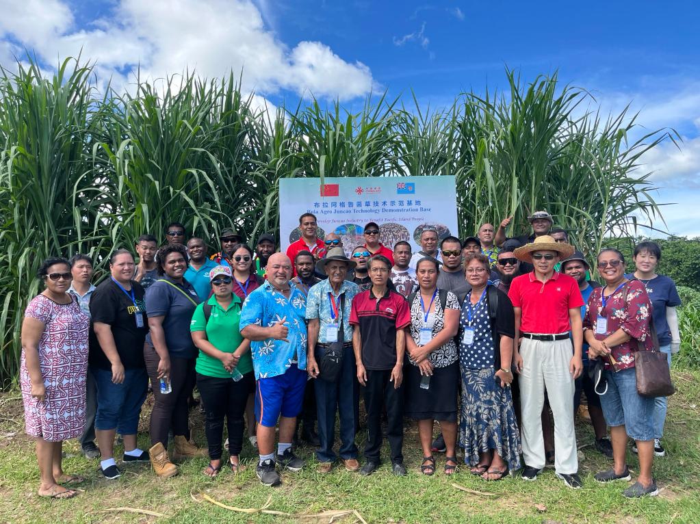 2024年2月28日，來自巴布亞新幾內(nèi)亞、湯加、庫克群島、薩摩亞、瑙魯?shù)葒业摹疤窖髰u國菌草技術(shù)培訓(xùn)班”學(xué)員在斐濟(jì)布拉阿格魯菌草技術(shù)示范基地合影。新華社發(fā)（中國援斐濟(jì)菌草技術(shù)示范中心供圖）