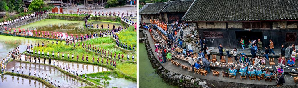 左圖：近期，人們在黎平縣肇興侗寨的田園里演唱侗族大歌（黎平縣委宣傳部供圖）；右圖：這是2023年拍攝的十八洞村長桌宴（湘西州委宣傳部供圖）。