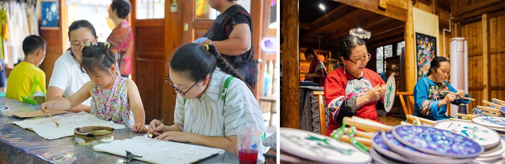 左圖：近期，游客在黎平縣肇興侗寨體驗非遺蠟染藝術(shù)（黎平縣委宣傳部供圖）；右圖：這是2024年拍攝的繡娘在十八洞村梨子寨苗繡鄉(xiāng)村振興示范基地制作苗繡產(chǎn)品（湘西州委宣傳部供圖）。